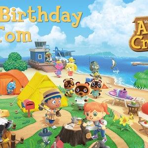 May include: A colorful birthday card featuring characters from the Animal Crossing video game. The card says "Happy Birthday Tom" and has a blue sky, green grass, and a beach scene.