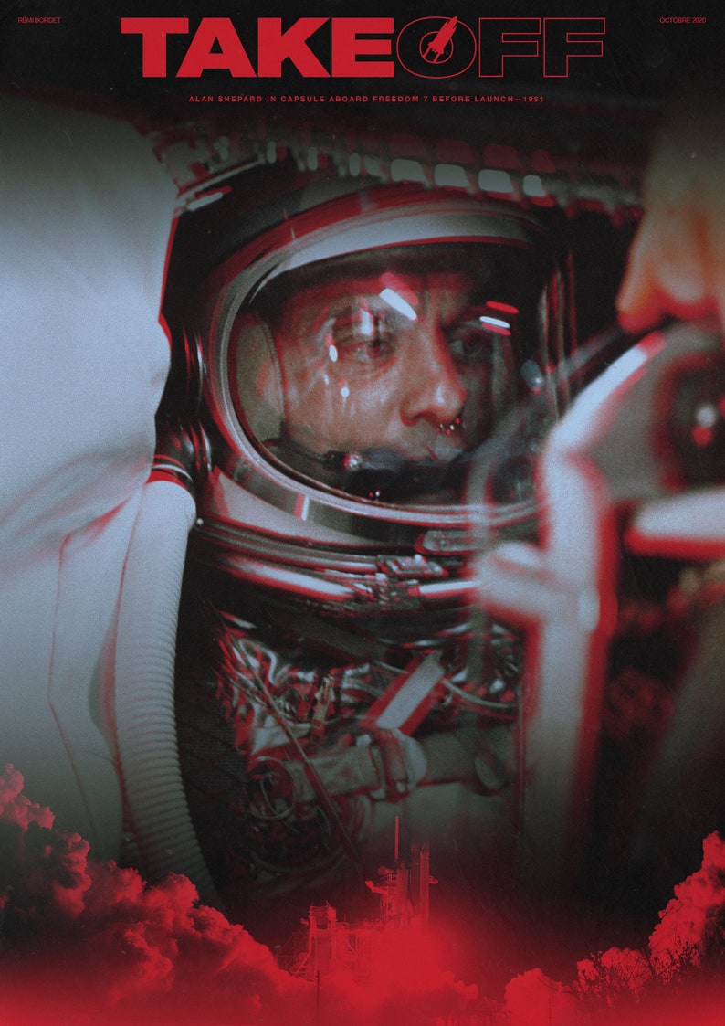 Puede incluir: Una fotograf&iacute;a en blanco y negro de Alan Shepard con un traje espacial, mirando por la ventana de la c&aacute;psula. La foto se titula "TAKEOFF" con el texto "ALAN SHEPARD IN CAPSULE ABOARD FREEDOM 7 BEFORE LAUNCH - 1961" debajo del t&iacute;tulo.