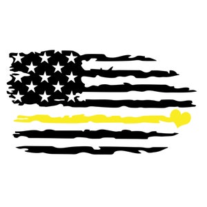 May include: A distressed American flag with a thin yellow stripe across the middle and a yellow heart in the upper right corner.