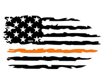 May include: A distressed American flag with a thin orange stripe across the middle. The flag is black and white with white stars on the blue field.