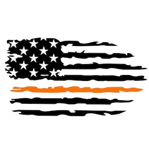 May include: A distressed American flag with a thin orange stripe across the middle. The flag is black and white with white stars on the blue field.