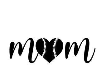 May include: Black and white graphic design of the word "mom" with a baseball in the shape of a heart in the middle.