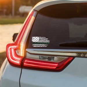Puede incluir: Una calcoman&iacute;a de bandera estadounidense blanca desgastada con la palabra "CARPENTER" en texto verde en un coche plateado.