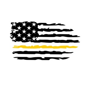 May include: A graphic decal featuring a distressed American flag design in black and white. The canton contains white stars on a black field, while the stripes are rendered with a jagged, weathered effect. A single horizontal yellow stripe.