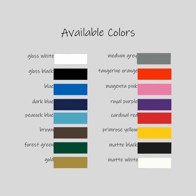 Op de afbeelding: Een grafiek met de beschikbare kleuren voor een product. De kleuren omvatten glanswit, glanszwart, blauw, donkerblauw, pauwblauw, bruin, bosgroen, goud, middelgrijs, mandarijnoranje, magenta roze, koninklijk paars, kardinaalrood, primula geel, matzwart en matwit.