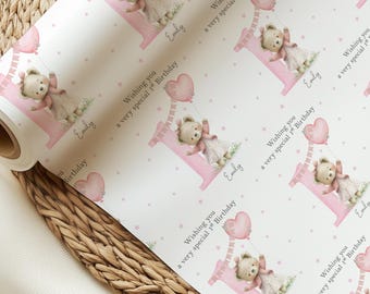 Papel de regalo para el primer cumpleaños de una niña, papel de regalo personalizado con forma de osito de peluche, papel de regalo con número de cumpleaños para ella, papel de regalo de cumpleaños.