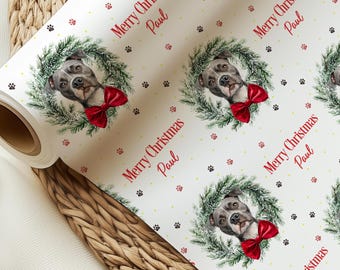 Personalisierte Staffy Weihnachtsgeschenkpapier | Benutzerdefinierte Hunderasse Geschenkrolle | Hunde Liebhaber Weihnachtsgeschenk
