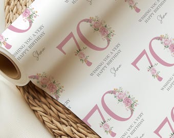 Cadeauverpakking 70e verjaardag, mijlpaal inpakpapier voor haar, gepersonaliseerd cadeauverpakking 70e verjaardag, 30e, 40e, 50e, 60e, 70e, 80e, 90e