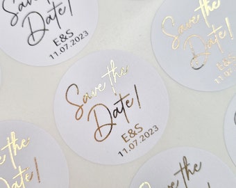 Personalised Save the Date Foil Stickers, White 37mm Stickers, Save Our Date  Stickers, Save the Dates, Custom Wedding Sticker, Envelope Seal 
