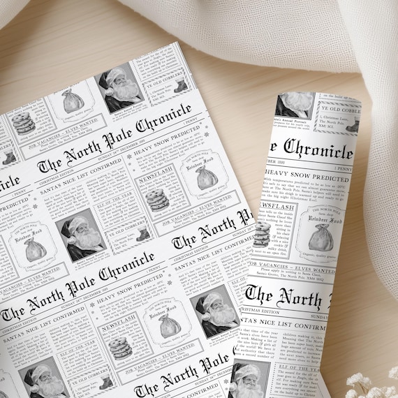 Santa Newspaper Wrapping Paper, Traditional Christmas gift wrap, custom gift wrap, Wrapping paper, North Pole Chronicles Newspaper gift wrap