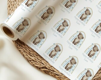 Personalisiertes blaues Regenbogen-Geburtstagsgeschenkpapier, Geburtstagsgeschenkpapier für Jungen, Geschenkpapier mit Namen, blaues Baby-Bär-Geschenkverpackung, neues Baby