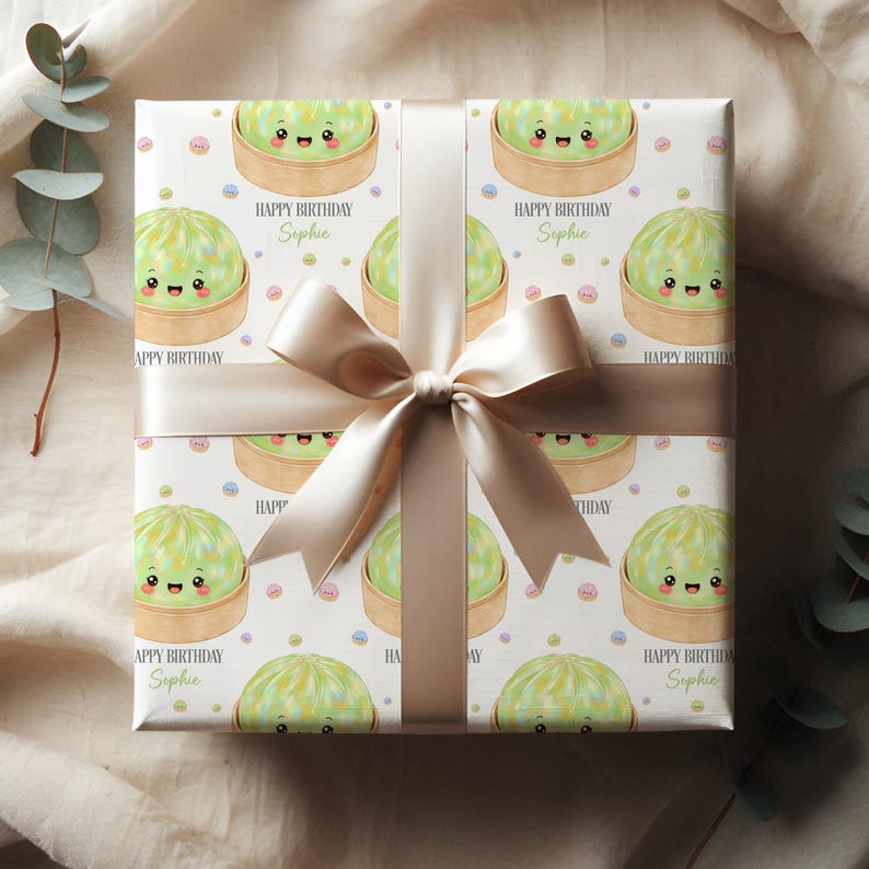 Gepersonaliseerde knoedel verjaardagscadeau inpakpapier, schattig knoedel inpakpapier, gelukkige verjaardag, kawaii knoedel cadeaupapier afbeelding 15