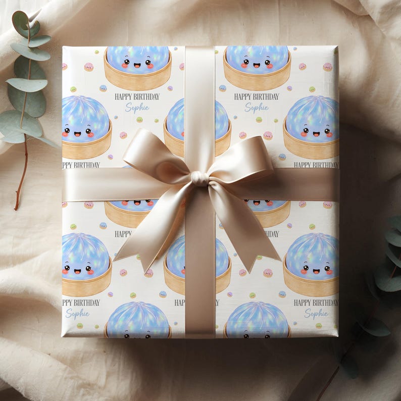 Gepersonaliseerde knoedel verjaardagscadeau inpakpapier, schattig knoedel inpakpapier, gelukkige verjaardag, kawaii knoedel cadeaupapier afbeelding 14