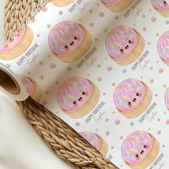 Personalised Dumpling Birthday Gift Wrapping Paper, Cute Dumpling Wrapping Paper, Happy Birthday, Kawaii Dumpling Gift Wrap