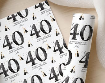 Gepersonaliseerd inpakpapier voor een 40e verjaardag, cadeaupapier voor een 40e verjaardag, zwart-goud verjaardagspapier, champagnekleurig cadeaupapier, verjaardagscadeau voor hem