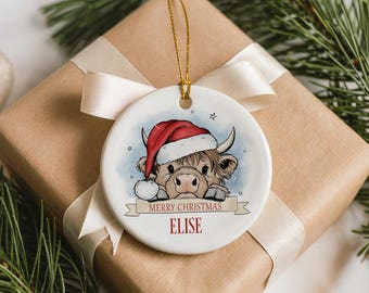 Personalised Christmas Bauble, Traditional style Christmas decor, Highland Cow Bauble, children's Christmas bauble, Highland Cow Christmas