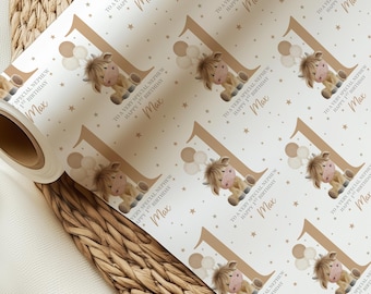 Papel de regalo personalizado con diseño de vaca de las Tierras Altas para el primer cumpleaños, primer cumpleaños de niña, primer cumpleaños de niño, papel de regalo con diseño de vaca de las Tierras Altas bebé.
