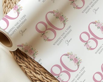 Cadeauverpakking 80e verjaardag, mijlpaal inpakpapier voor haar, gepersonaliseerde cadeauverpakking 80e verjaardag, 30e, 40e, 50e, 60e, 70e, 80e, 90e
