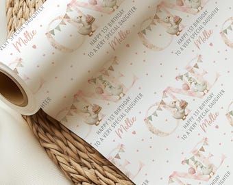 Personalised Silly Goose First Birthday Gift Wrapping Paper, Daughter, Granddaughter, Niece, Pink and Sage