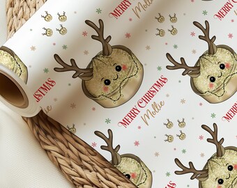 Personalisierte Knödel Weihnachtsgeschenkverpackung | Rentier Knödel Geschenkpapier | Frohe Weihnachten | Kawaii Weihnachtsknödel Geschenkverpackung
