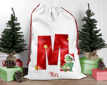 Santa sack for kids and children add name initial, personalised Dinosaur Christmas present bag, Xmas stocking for gifts, T-Rex theme xmas
