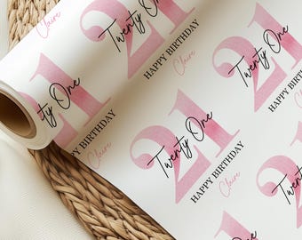 Gepersonaliseerde 21e luxe verjaardagscadeau inpakpapier, mijlpaal inpakpapier, elke leeftijd, gelukkige 21e verjaardag, roze, voor hem, voor haar