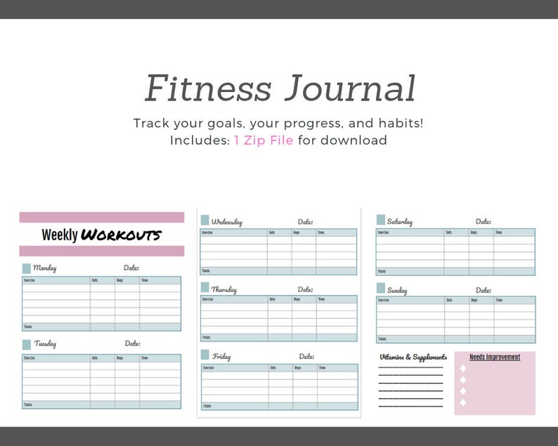 Printable Fitness and Workout Planner, Zip File, PDF - Etsy