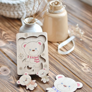 Wooden counting puzzle Montessori wooden puzzle Shape puzzle Beаr puzzle toy Multi layer puzzle Educational puzzle toy Animal puzzle sorter
