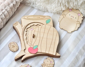 Hand painted Wooden hedgehog puzzle Montessori counting puzzle Multi-layer puzzle Shape puzzle Educational toy Animal puzzle Sorting toy