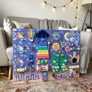 Large busy board for toddler 70x100 cm, 2 modules, Sensory board with night city, moon surface Montessori Busyboard Big Sensory wall panel