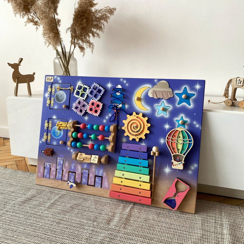 Toddler busy board with night city 50x70 cm, Sensory board with moon, stars and rocket, Busyboard for 1 year old Fidget board Activity board image 2