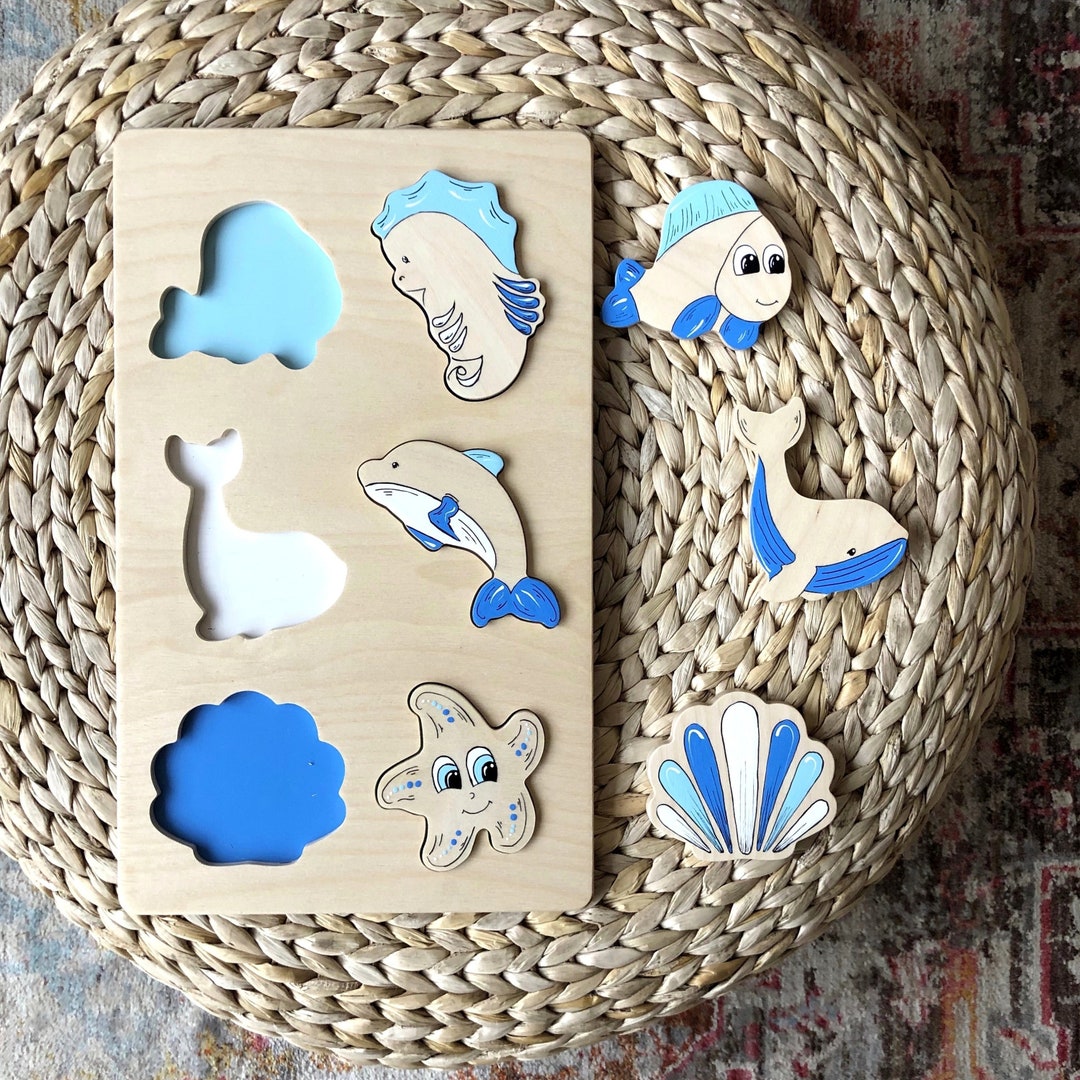 Marine Animal Wooden Puzzle | Sea Animals Wooden Shape Sorter | Color ...