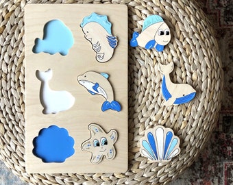 Marine animal wooden puzzle | Sea animals wooden shape sorter |  Color sorting toy | Montessori puzzle sensory board | Wooden sorting toy