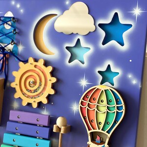 Toddler busy board with night city 50x70 cm, Sensory board with moon, stars and rocket, Busyboard for 1 year old Fidget board Activity board image 5