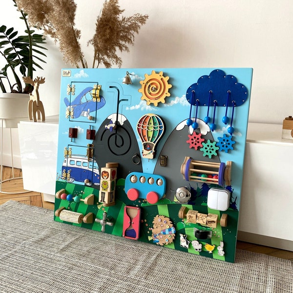 Toddler busy board of bright colors 50x60 cm Sensory board for baby Busyboard Montessori busy board Fidget board Activity board Sensory wall