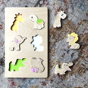 Savannah animal puzzle wooden shape sorter | Personalized color sorting toy | Montessori puzzle sensory board | Wooden sorting toy toddlers