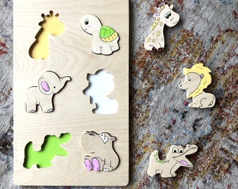 Savannah animal puzzle wooden shape sorter | Personalized color sorting toy | Montessori puzzle sensory board | Wooden sorting toy toddlers