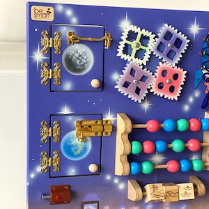 Toddler busy board with night city 50x70 cm, Sensory board with moon, stars and rocket, Busyboard for 1 year old Fidget board Activity board image 3