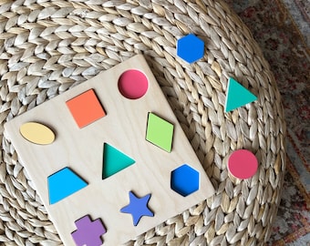 Puzzle geometrico / selezionatore di forme in legno / geometria montessori / puzzle a forma di legno / giocattolo di ordinamento dei colori / giocattolo per bambini / giocattolo di legno