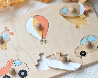 Hand painted transport puzzle Montessori shape puzzle Transport wooden toy Shape sorter puzzle Toddler toy Educational toy wooden toy