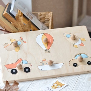 Transport puzzle wooden shape sorter | Hand painted color sorting toy | Montessori puzzle sensory board | Personalized puzzle sensory table