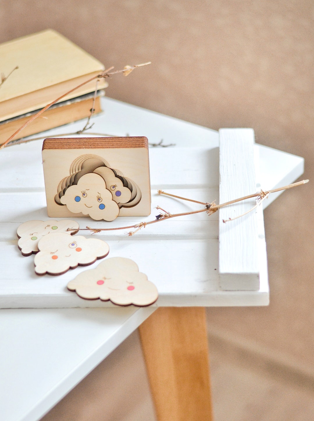 Hand Painted Multilayer Wooden Clouds Puzzle Montessori Wooden Puzzle ...