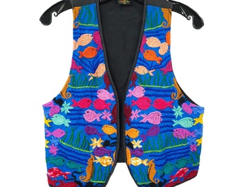 Vintage gilet brodé poisson bleu noir femme Sz M Ocean Beach nouveauté Y2K bohème coton multicolore ouvert devant