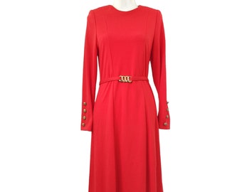 Henry Lee Red Midi Dress Long Sleeve Belted Vintage Size 12 USA Holiday Mod 70s Button Details