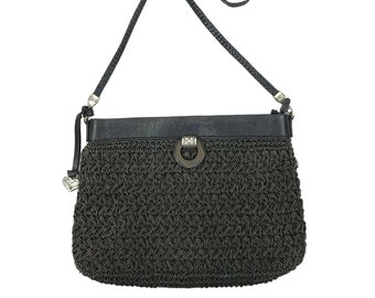 Brighton Black Shoulder Bag Handbag Woven and Leather Zipper Top Heart Charm