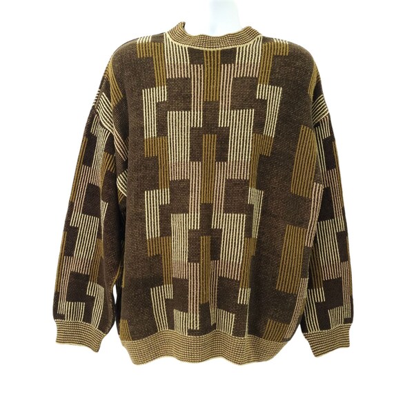 BERGATI Pullover Sweater Men XXL Vintage Brown Abstract Striped coogi style Y2K 90s Grandpa Sweater Oversized Sweater