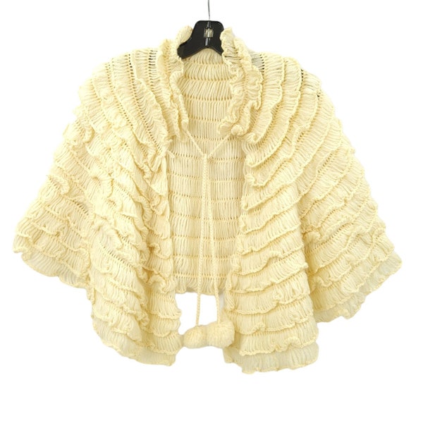 Cape Châle Capelet vintage Wrap Shrug Victorien Crochet Pull Taille Unique Boléro Veste Courte Pull Volant Couche Pom Pom Tie Crème