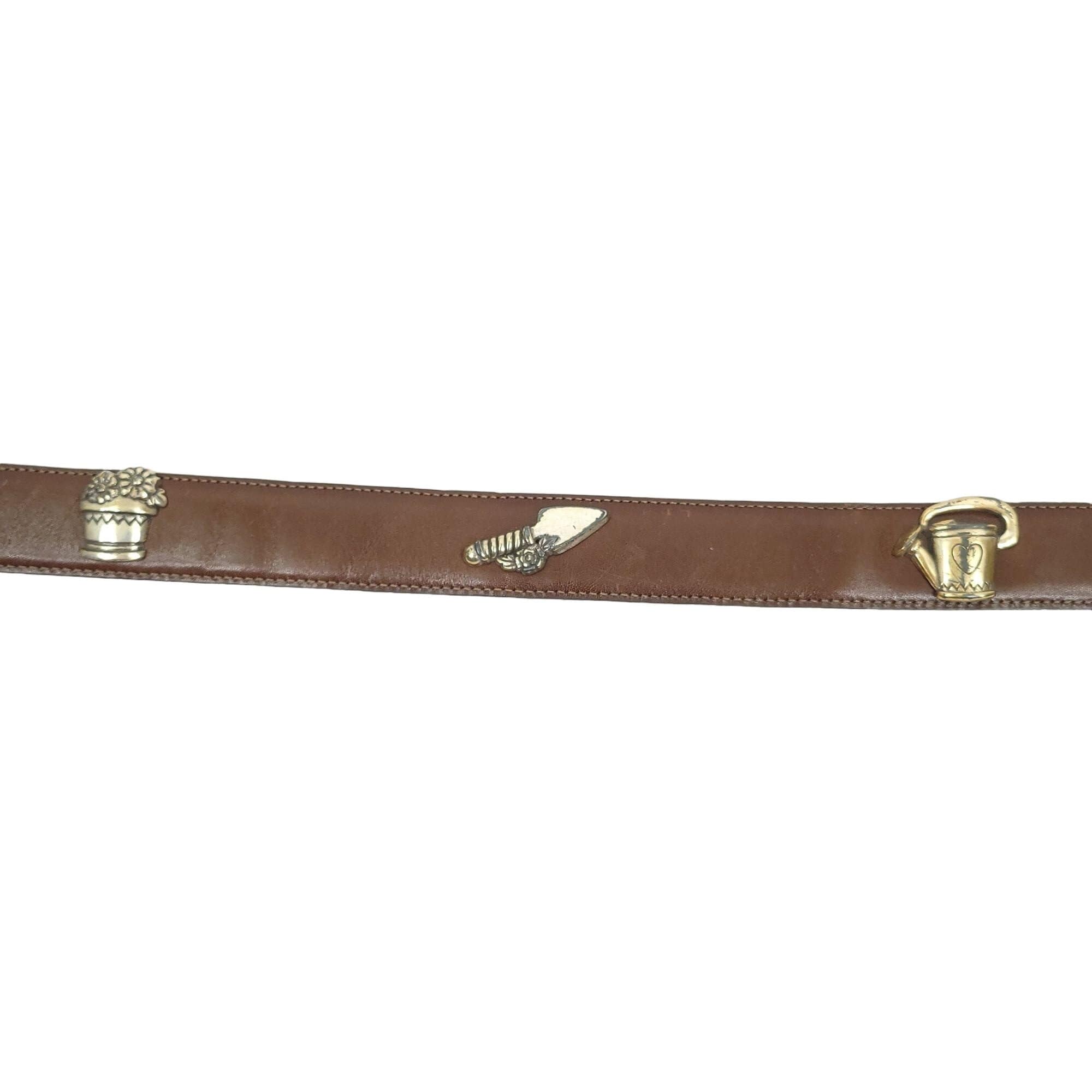 Vintage Brown Leather Gardening Theme Belt Silver Hardware Charms Size M USA Leather Silver Vintage Belts for sale | eBay main image 4