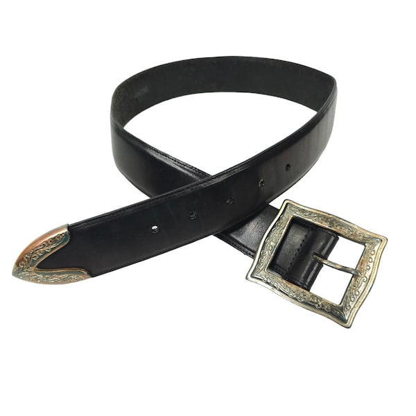 Brighton Black Leather Belt Women XS Vintage Western Boho Y2K 90s Metal Buckle