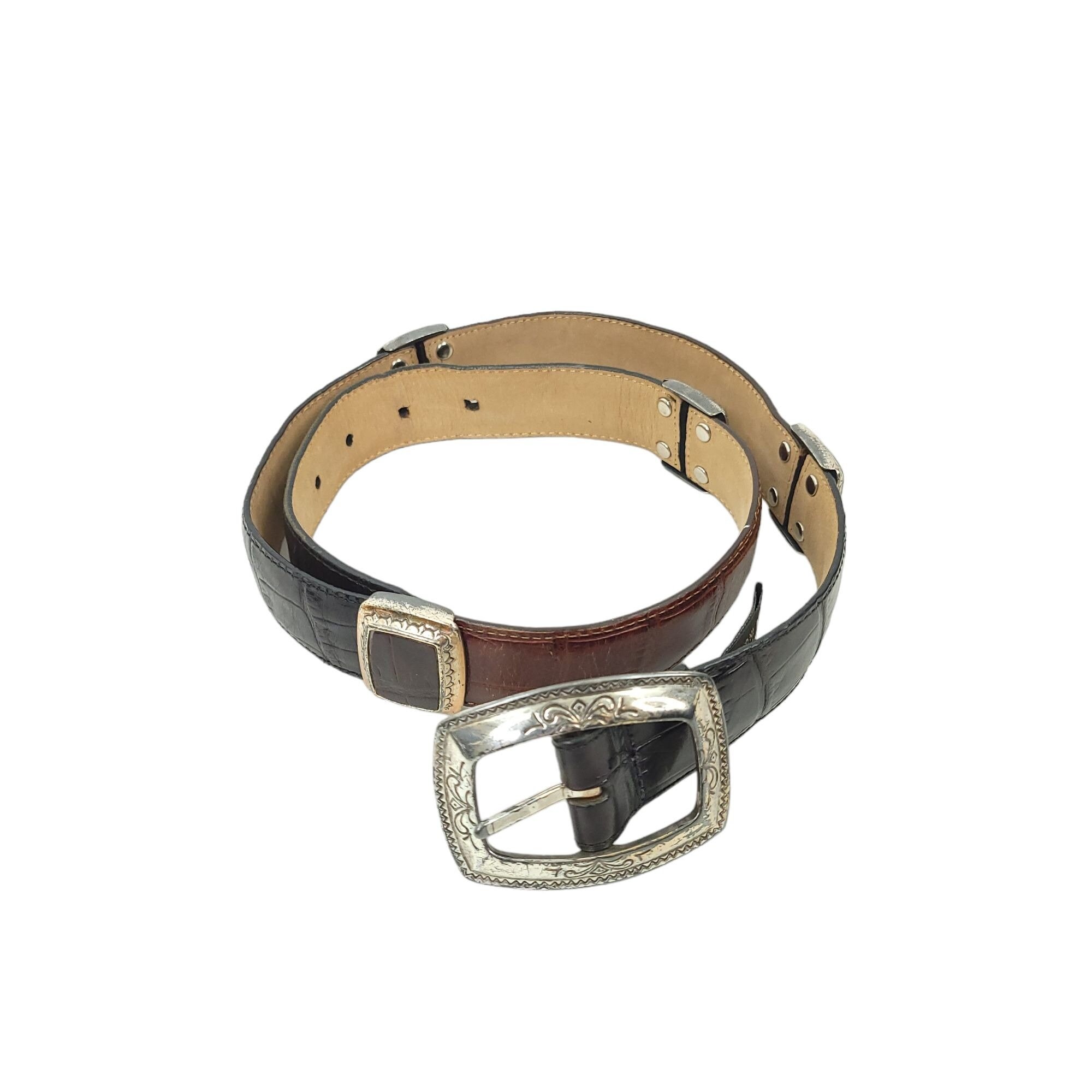 Brighton Belt Medium Black Leather Silver Gold Buckle Accents Western Boho USA Brighton Leather Belt Black Brown Vintage Size M Silver Gold  main image 2